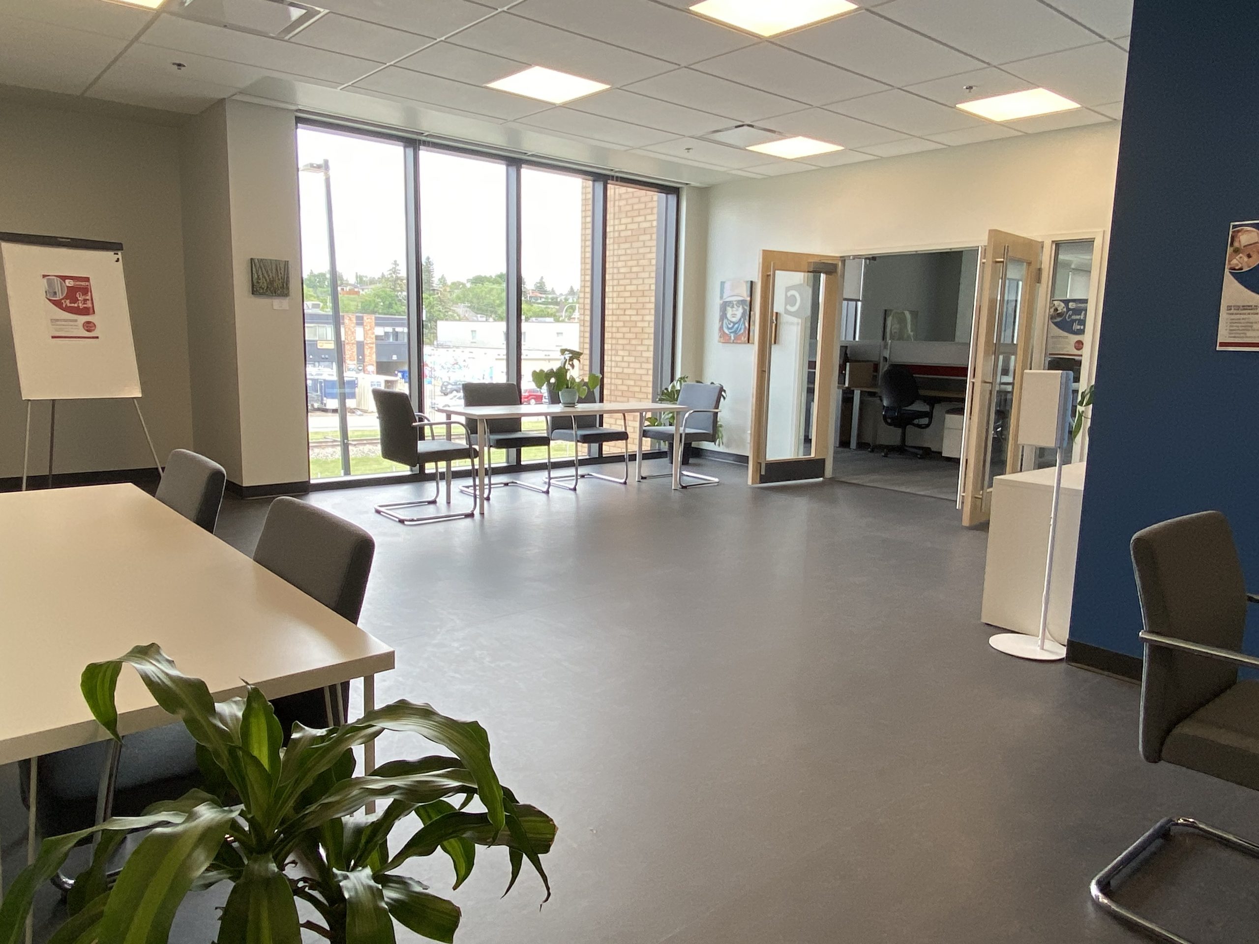 Interior of The Corner Coworking shared workspace in Cochrane, Alberta