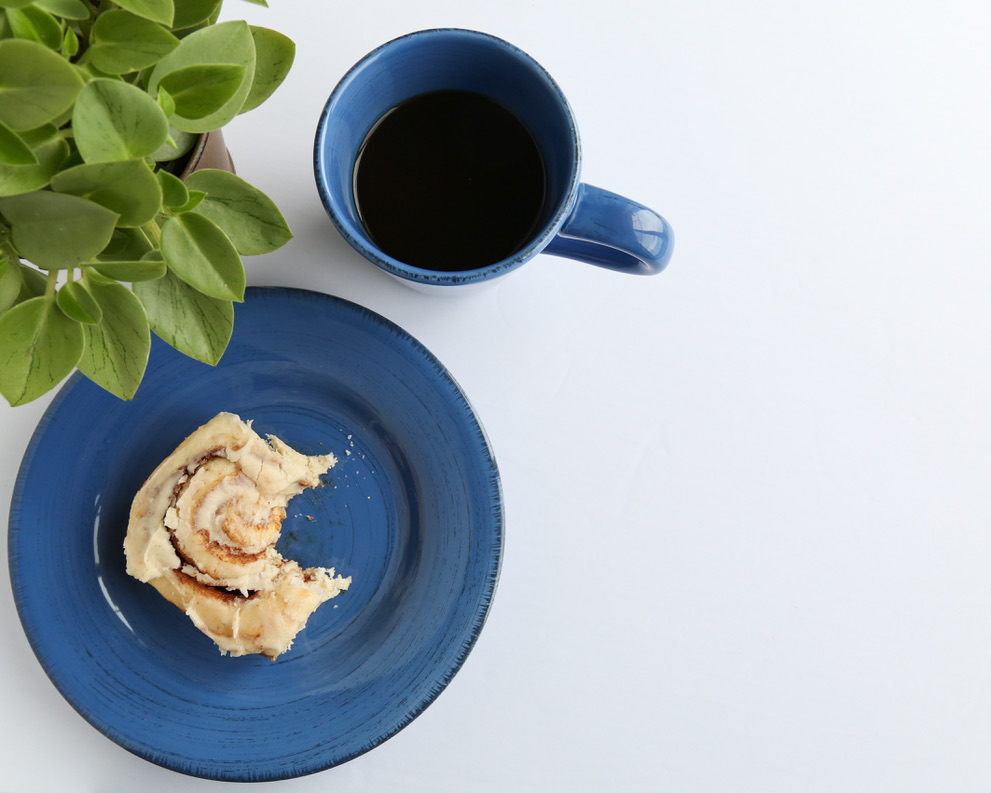 Coffee and cinnamon roll at The Corner Coworking member kitchen