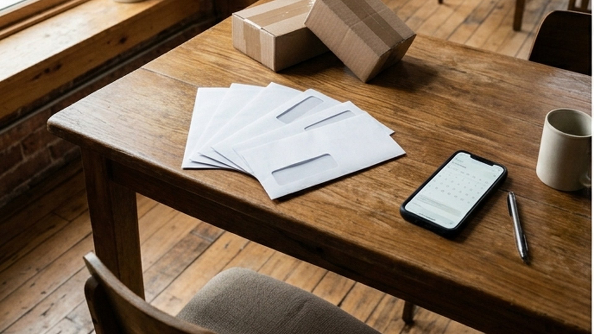Mail and small parcels on a wooden desk beside a phone showing a mail inbox — a real Cochrane address that lives on your phone